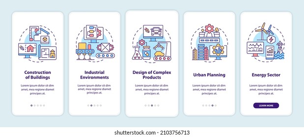 Digital twin use cases onboarding mobile app screen. Construction walkthrough 5 steps graphic instructions pages with linear concepts. UI, UX, GUI template. Myriad Pro-Bold, Regular fonts used