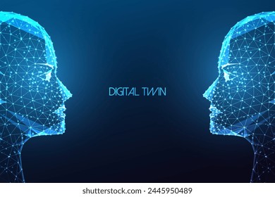 Digital twins, artificial intelligence futuristic concept with two identical faces facing each other in glowing low polygonal style on dark blue background. Modern abstract design vector illustration.