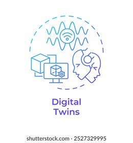 Digital twins blue gradient concept icon. Virtual simulation. Industry 5.0 technology. Predictive maintenance. Round shape line illustration. Abstract idea. Graphic design. Easy to use