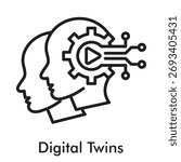 Digital Twins Icon Line Style. Virtual model simulation and physical object replica symbol.