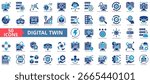 Digital twins icon set flat style collection. Containing virtual model, real time data, predictive analytics, asset management, system simulation, iot integration
