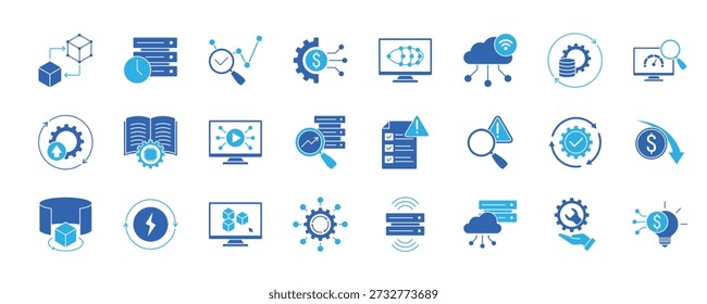 Digitale Zwillinge Ikone Set flachen Stil Sammlung. Mit virtuellem Modell, Echtzeitdaten, Vorhersageanalysen, Asset Management, Systemsimulation, IoT-Integration und mehr.