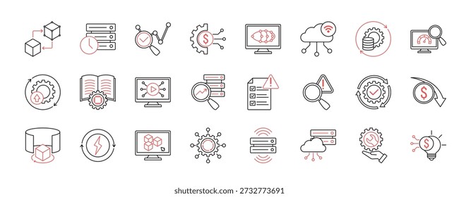 Digitale Zwillinge Ikone Set flachen Stil Sammlung. Mit virtuellem Modell, Echtzeitdaten, Vorhersageanalysen, Asset Management, Systemsimulation, IoT-Integration und mehr.