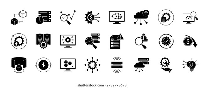 Digitale Zwillinge Ikone Set flachen Stil Sammlung. Mit virtuellem Modell, Echtzeitdaten, Vorhersageanalysen, Asset Management, Systemsimulation, IoT-Integration und mehr.
