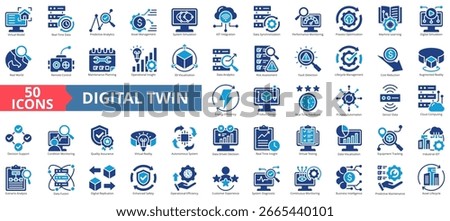 Digital twins icon set flat style collection. Containing virtual model, real time data, predictive analytics, asset management, system simulation, iot integration