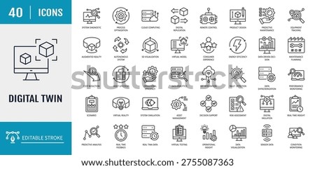 Digital twins icon set. Includes virtual model, real time data, asset management, iot integration. Outline icon set. Vector illustration with editable stroke