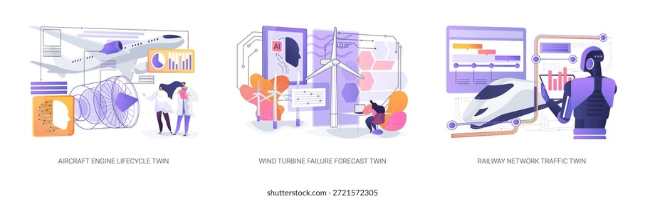 Digital Twins Intelligence abstraktes Konzept, Vektorgrafik-Set. Digitale Zwillinge definieren den Workflow mit Echtzeit-Intelligenz neu und beschleunigen die nahtlose Benutzererfahrung. abstrakte Metapher.