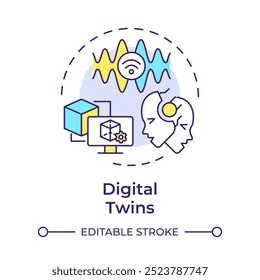 Digital twins multi color concept icon. Virtual simulation. Industry 5.0 technology. Predictive maintenance. Round shape line illustration. Abstract idea. Graphic design. Easy to use