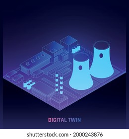 Digital Twins Production Process Simulation Technology At Power Generation Plant Isometric Glowing Dark Background Poster Vector Illustration