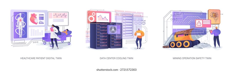Digital Twins Escalabilidade conceito abstrato vetor ilustração conjunto. Os gêmeos digitais revolucionam a escalabilidade, são pioneiros na tomada de decisões críticas, transformam as experiências dos usuários. metáforas abstratas.