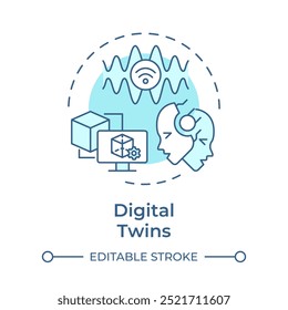 Digital twins soft blue concept icon. Virtual simulation. Industry 5.0 technology. Predictive maintenance. Round shape line illustration. Abstract idea. Graphic design. Easy to use