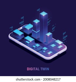 Digital twins technology in real estate smart building sensors data isometric composition on smartphone screen vector illustration