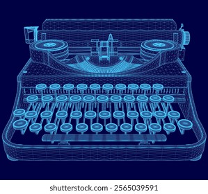 Digital of a typewriter with a unique and stylized design. The keyboard is blue and has a futuristic appearance