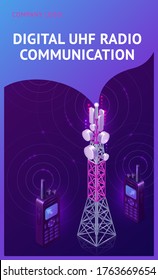 Digital UHF radio communication isometric banner, telecom tower and walkie talkie with antennas radiate waves. Transmitter equipment for wireless telephone connection, broadcast 3d vector illustration