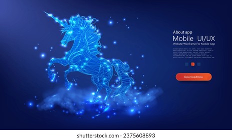 Digital Unicorn in Blue Neon Lights: UI,UX Design Concept for Mobile App. Modern lowpoly style. Vector illustration