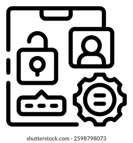 Digital Unlock: An illustration of a smart phone interface showing a password prompt, an unlocked padlock, a profile icon, and a settings wheel. Access control icon