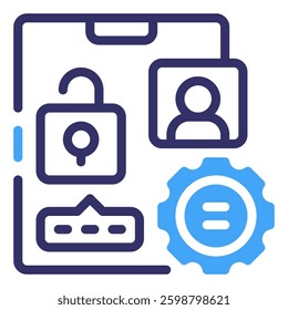 Digital Unlock: An illustration of a smart phone interface showing a password prompt, an unlocked padlock, a profile icon, and a settings wheel. Access control icon