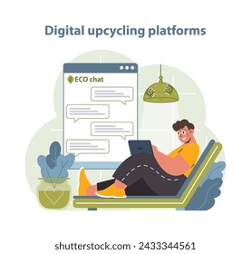 Digital Upcycling Platforms Illustration. A person comfortably interacts on an online upcycling community, showcasing the intersection of technology and environmentalism.