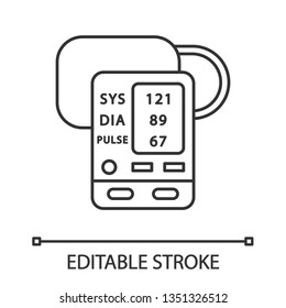 Digital upper arm blood pressure monitor linear icon. Oximeter. Pulse, heart rate control medical device. Thin line illustration. Contour symbol. Vector isolated outline drawing. Editable stroke