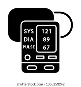 Digital upper arm blood pressure monitor glyph icon. Oximeter. Pulse, heart rate control, diagnosis. Medical device. Sphygmomanometer. Silhouette symbol. Negative space. Vector isolated illustration