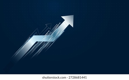 The digital Upward arrows on deep blue background. Sleek white arrow surges upward, directing efficiency toward future marketing goals concpts vector design