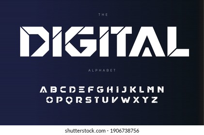 Alfabeto urbano digital, letras en negrita estilo futurismo. Fuente geométrica con línea de corte dentro de las letras. Tipo para moderno logotipo futurista, titular, monograma y tipografía. Diseño tipográfico vectorial