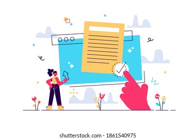 digital User agreement document for legal protection purposes with tiny persons concept. Pop-up text window with confirm button vector illustration. End client account terms and conditions acceptance scene.