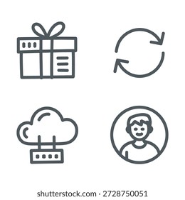 Iconos de gestión de datos y usuarios digitales: paquete, sincronización, almacenamiento en la nube y usuario