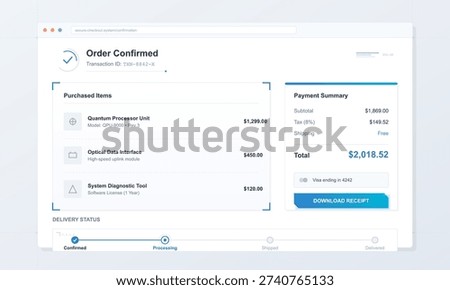 A digital user interface displays an order confirmation page with a list of purchased technical components, a payment summary, and a delivery status tracking bar on a clean background.