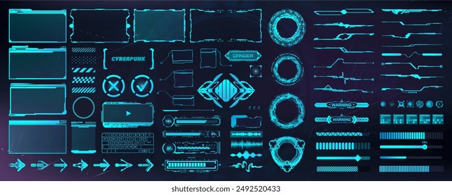 Interfaz de usuario digital, Elementos HUD para UI, UX, GUI. Elementos de usuario futuristas - flechas, llamadas, marco, Botones cibernéticos, hologramas, interfaz de usuario de tablero, círculo FUI, audio, teclado en estilo cyberpunk. juego de Vectores