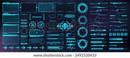 Digital user interface, HUD elements for UI, UX, GUI. Futuristic User Elements - arrows, callouts, frame, cyber buttons, holograms, board UI, circle FUI, audio, keyboard in cyberpunk style. Vector set
