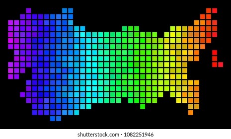 Digital USSR Map. Vector geographic plan in luminous spectral color tones on a black background. Abstract USSR Map collage is combined with color small squares.
