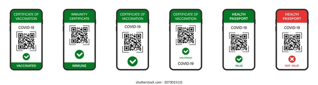 Digital Vaccination Certificate and Green Health Passport in App of Mobile Phone Set. Green Passport and Immunity Online Tracking Screen with QR Code. Set of Vector Vaccine Certificate in Smartphone.