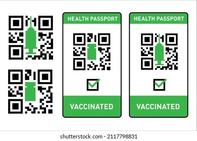 Digital Vaccination Certificate and Green Health Passport in App of Mobile Phone Set. Green Passport , Vaccination qr code. Set of Vaccine Certificate,  Qr code icon in Smartphone. 