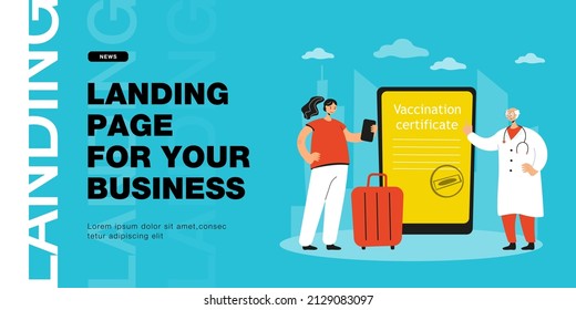 Digital vaccination certificate on tablet screen. Girl getting vaccinated against coronavirus in order to travel flat vector illustration. International travel, covid, health passport, pandemic