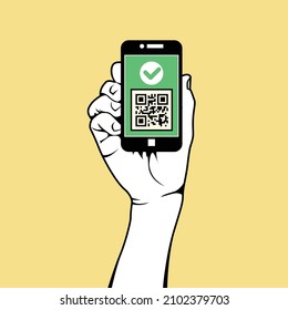 Digital vaccination certificate, woman hand with smartphone shows  immunity passport, qr code vaccination icon, vector