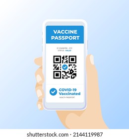 Digital vaccine passport on mobile phone screen. Scanning QR code for vaccine passport.