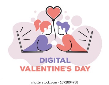 Día de San Valentín digital. Dos amantes de mirar entre ellos a través de pantallas de ordenador portátil con el globo.