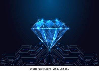 Valor digital e conceito de recurso blockchain com diamante poligonal brilhante ligado à placa de circuito no fundo azul escuro. Estilo de poli baixo futurista, ilustração vetorial abstrata.