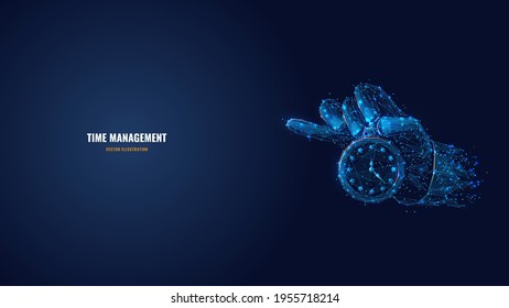 Digital vector 3d hand holding clock or stopwatch in dark blue. Time management, planning, life control or business concept. Abstract low poly wireframe with connected dots, lines, stars and shapes


