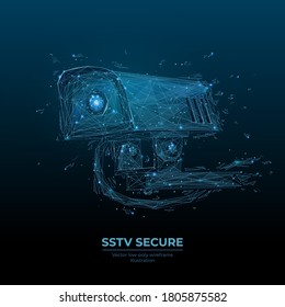 Digital vector 3d illustration of SSTV camera consisting of lines, dots and particles. Low poly wireframe looks like starry sky. Slow scan television secure concept in dark blue background
