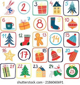 Digital vector advent calendar with isolated items on white background. Advent calendar for Christmas for children and adults