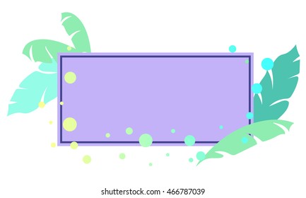Digital vector art of banana leaf banner in summer beach vibe with green pastel tone and purple text box on white background