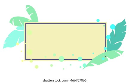 Digital vector art of banana leaf banner in summer beach vibe with green pastel tone and yellow text box on white background