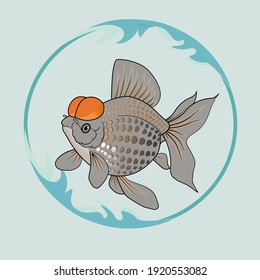 A digital vector art of Black Golden Fish with a light orange color, a blue circle wave behind. Isolate image.