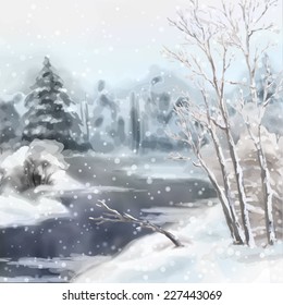 Digital vector artistic painting, winter watercolor landscape with snow, river, frozen trees