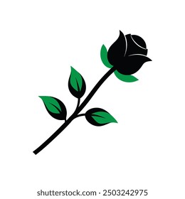 A digital vector artwork featuring a black rose flower with green leaves. Ideal for graphic design projects, tattoos, and decorative prints.
