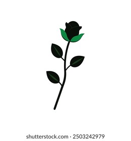 A digital vector artwork featuring a black rose flower with green leaves. Ideal for graphic design projects, tattoos, and decorative prints.