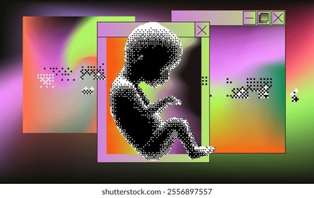 A digital vector artwork featuring a pixelated fetus silhouette layered within overlapping retro-style computer windows. The vibrant gradient background combines neon pink, orange, and green hues.