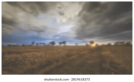 Digital vector artwork showing dark moody sky gathering over flat agricultural land landscape during dusk golden hour sun peeking through heavy rain clouds.